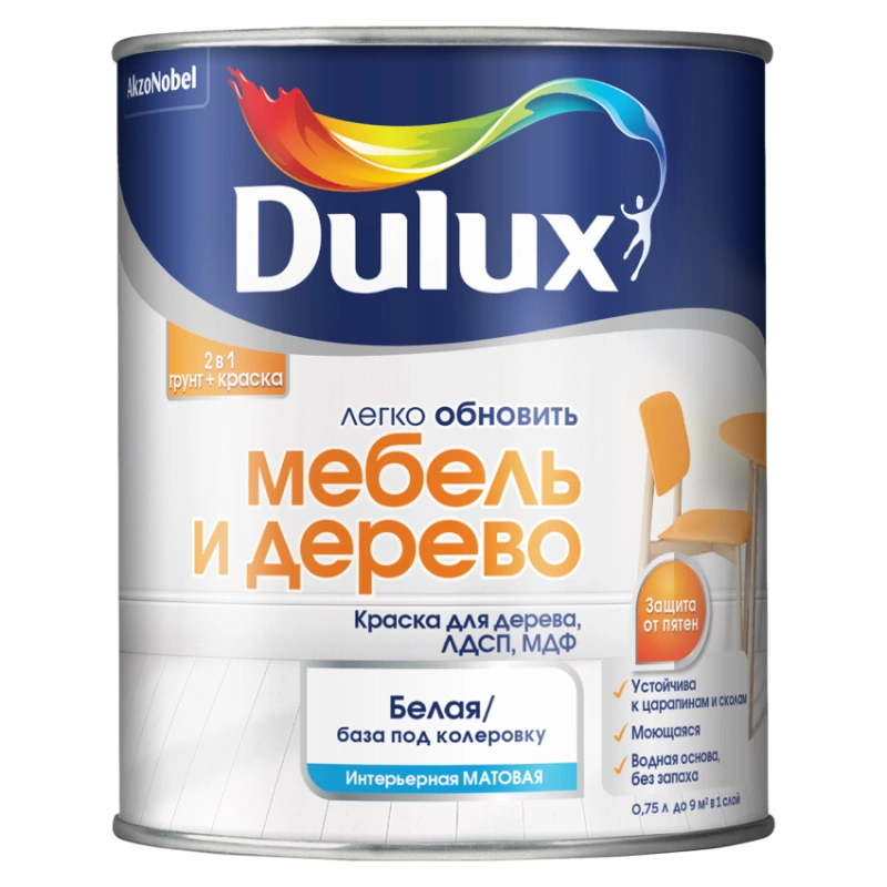 Краска Dulux Мебель и Дерево матовая база BW (0,75 л)